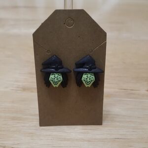 Halloween Witch Earrings with Black Hat & Green Face. Stud Post Backing
